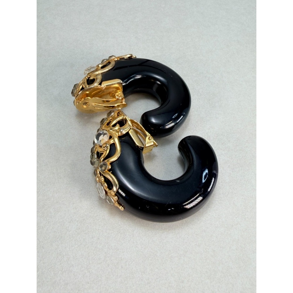 Vintage Inna Cytrine Style Black Lucite Gold Filigree Chunky Clip-On Earrings